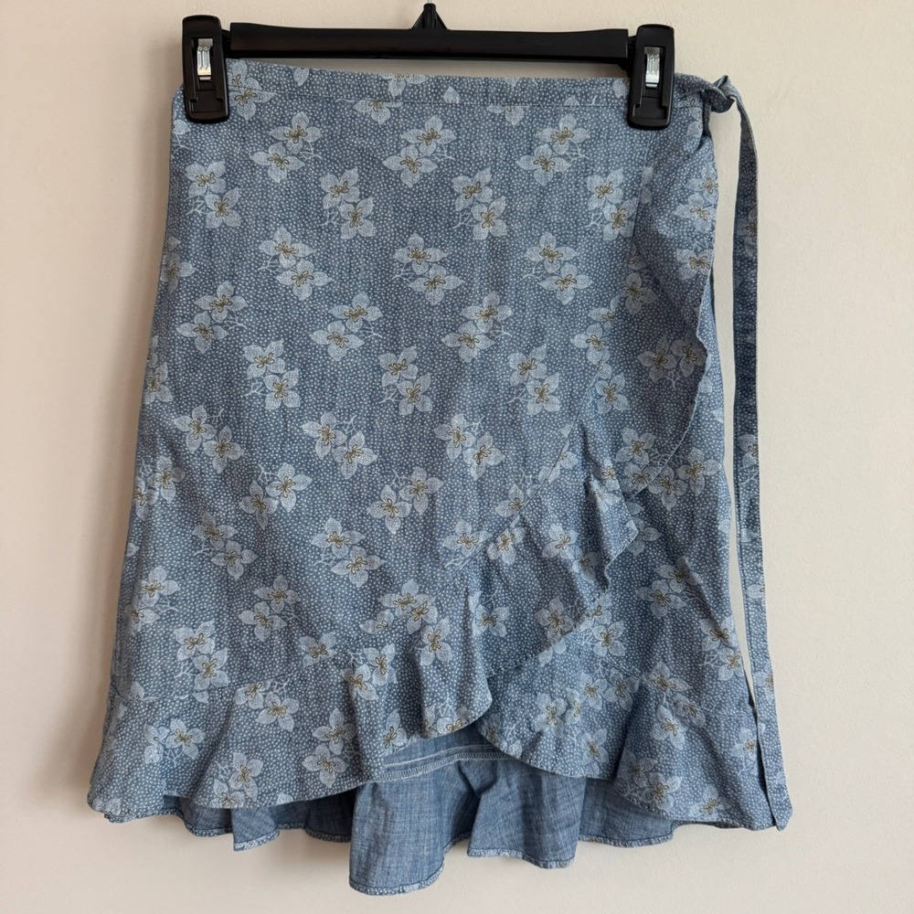 J.Crew Mercantile Blue Floral Ruffle Wrap Mini Skirt XS Cotton Elastic Back